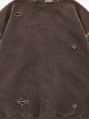 Paneled Camo Washed Distressed Zip Hoodie