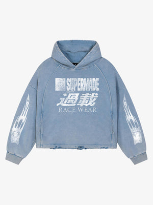 Racing Letter Flame Graphic Distressed Cropped Hoodie