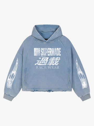 Racing Letter Flame Graphic Distressed Cropped Hoodie