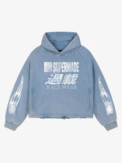 Racing Letter Flame Graphic Distressed Cropped Hoodie
