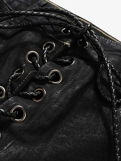 Stylish Black Lace-Up Wide-Leg Jeans for Women - Perfect for Casual and Fashionable Looks 
