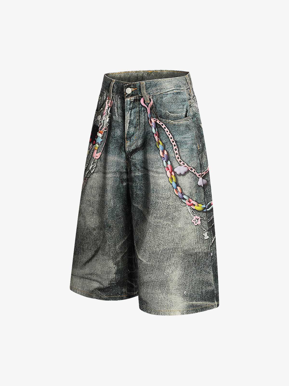Vintage Printed Washed Denim Shorts 