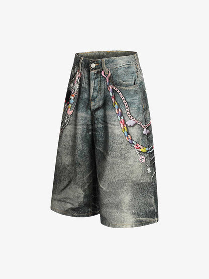 Vintage Printed Washed Denim Shorts 