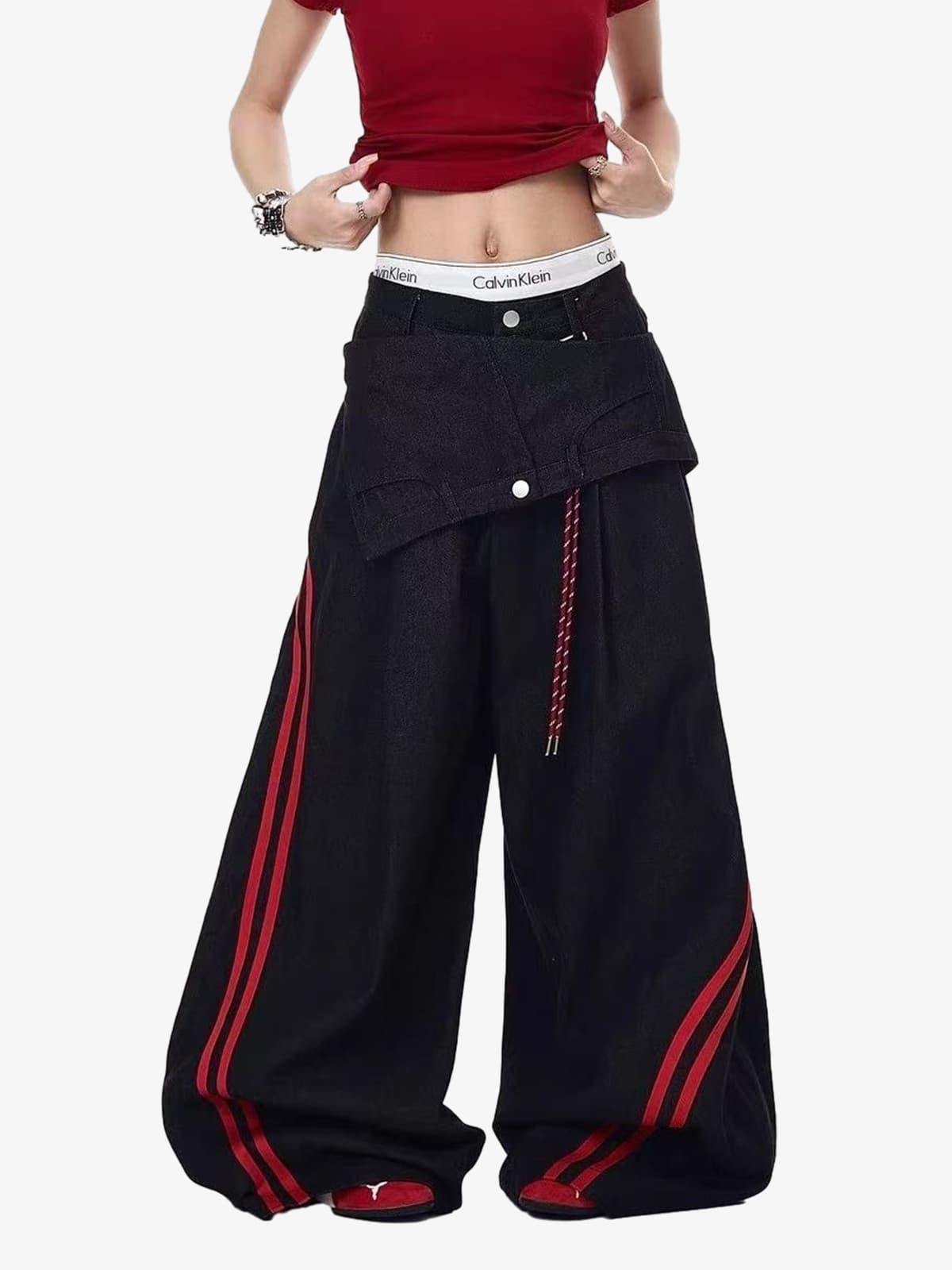 Retro Red Stripe Asymmetric Waist Barrel Jeans 