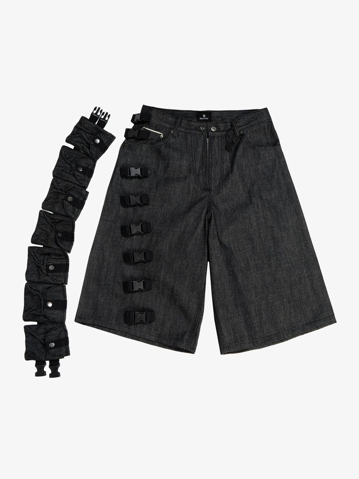 Cargo shorts shown with a detachable stacked side strap and multiple utility details