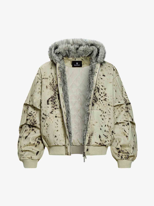 Splatter Print Faux Fur Collar Ruched Sleeve Zip-Up Jacket