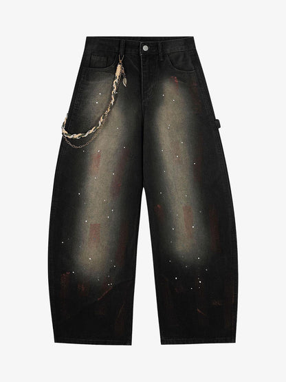 Vintage Inkjet Dirty Dye Washed Scimitar Distressed Jeans 