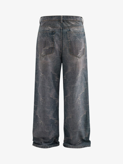 Washed Ripple 3D Print Loose Wide-Leg Jeans 