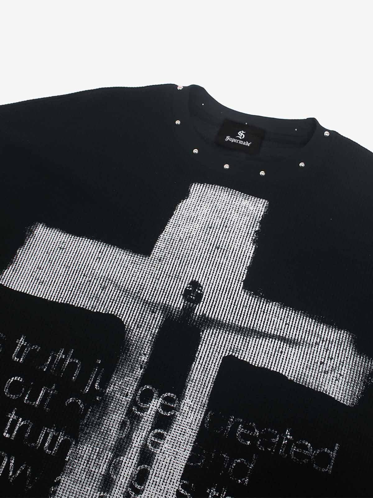 Dark Cross Print Waffle Long-Sleeve T-Shirt