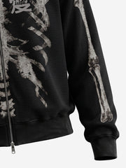 Skull Graphic Waffle Double-Zip Stand-Collar Sweatshirt