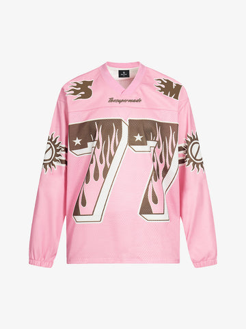 Retro Graphic Flame Number Print Long-Sleeve Jersey T-Shirt 