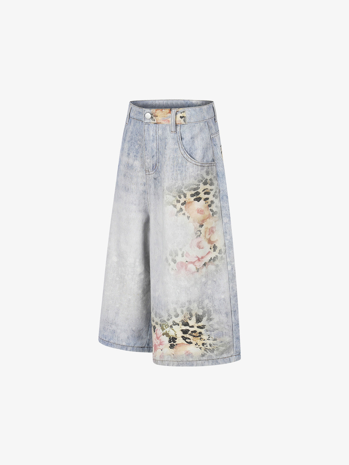 Light Wash Denim Shorts with Floral & Leopard Details