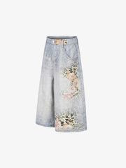 Light Wash Denim Shorts with Floral & Leopard Details