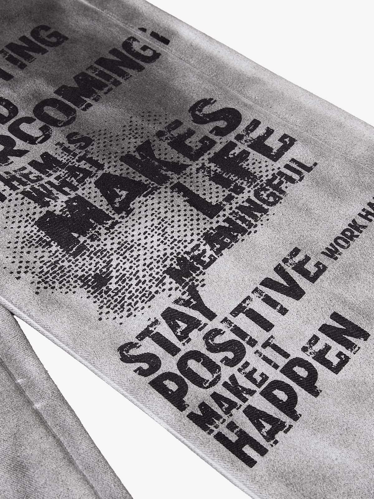 Distressed Dirty Wash Text Graphic Star Trim Straight Leg Pants 