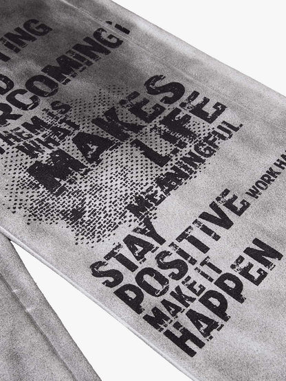 Distressed Dirty Wash Text Graphic Star Trim Straight Leg Pants 