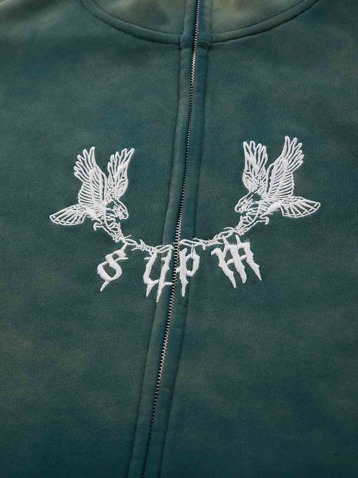 Supermade Gradient Eagle Embroidery Distressed Stand Collar Sweatshirt Jacket 