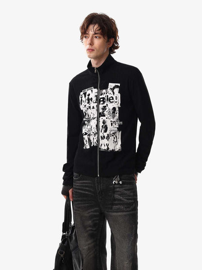 Retro Punk Print Knit Cardigan Long Sleeve Top