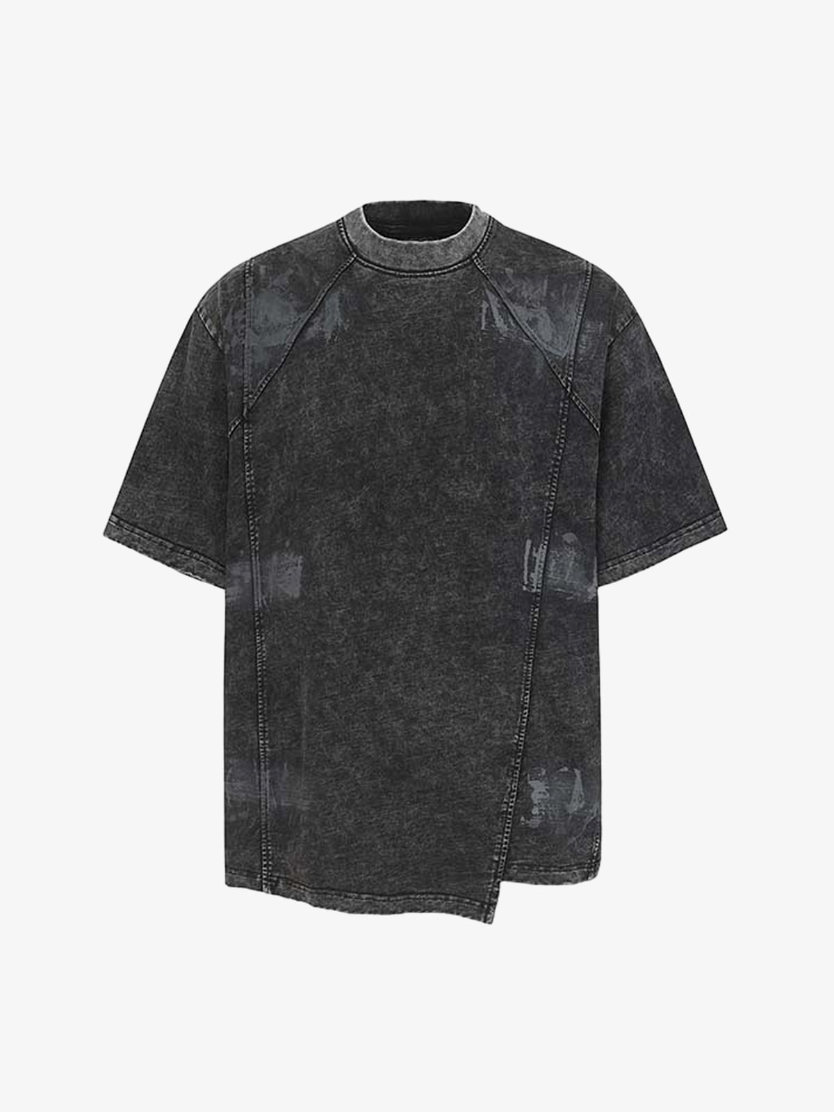 Denim Blend Oversized T-Shirt with Asymmetrical Hem and Patchwork Design 