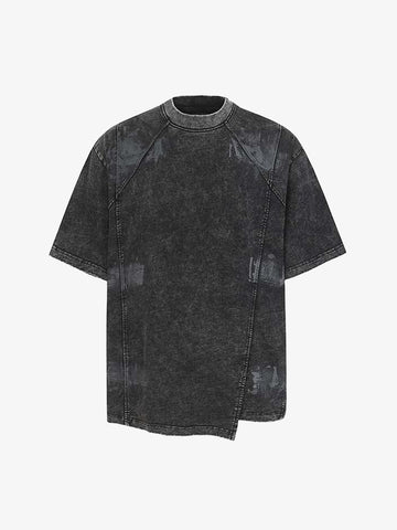 Denim Blend Oversized T-Shirt with Asymmetrical Hem and Patchwork Design 