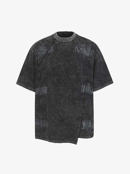 Denim Blend Oversized T-Shirt with Asymmetrical Hem and Patchwork Design 