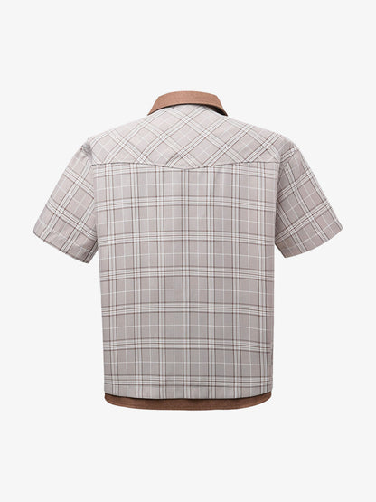 Faux Two-piece Pearl Button Plaid Short-sleeved Shirt 