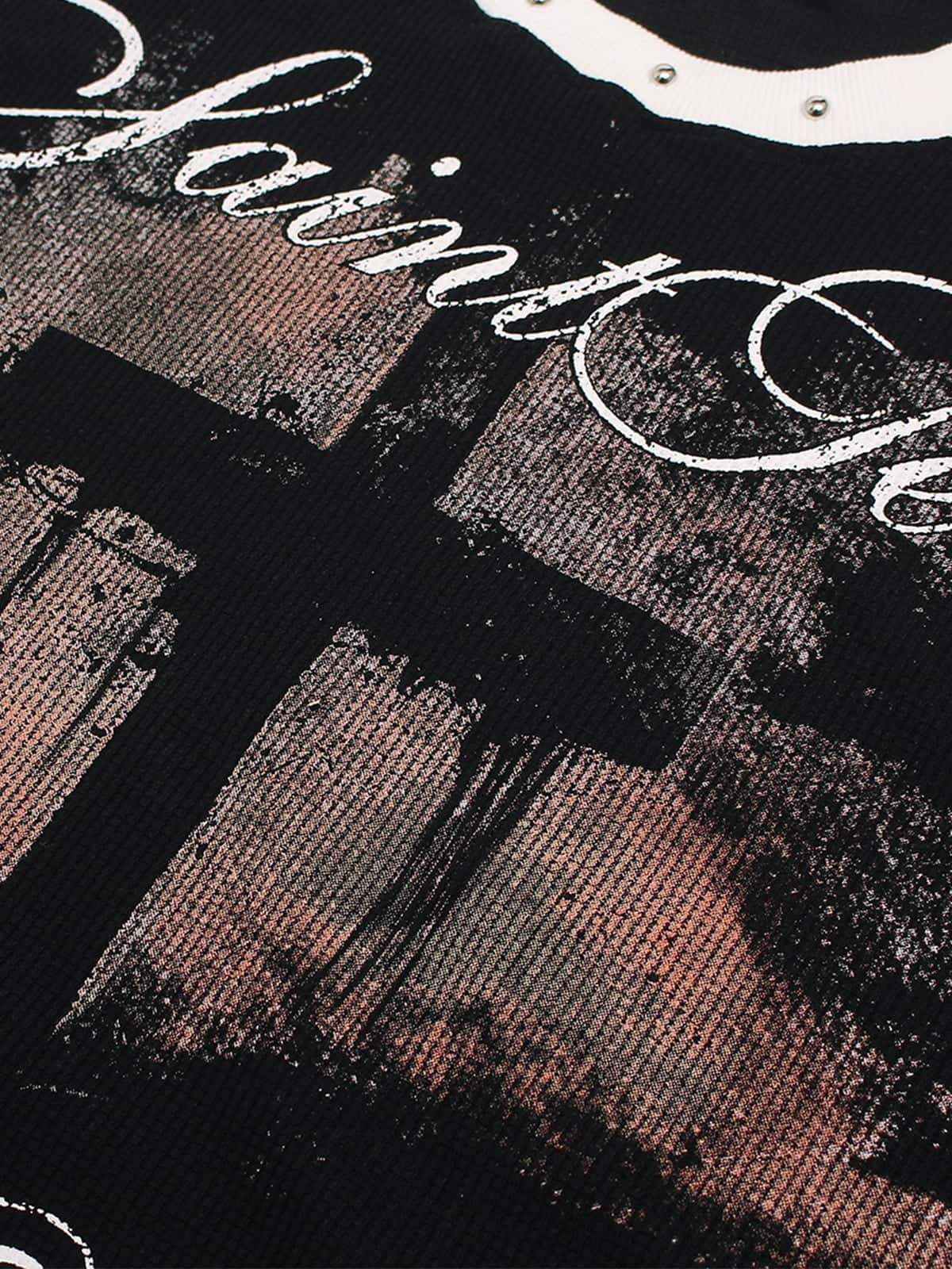 Cotton Blend Oversized Graphic T-Shirt with Cross Print and Embellished Collar 