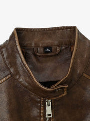 Embroidered Distressed Faux Leather Cropped Bomber Jacket