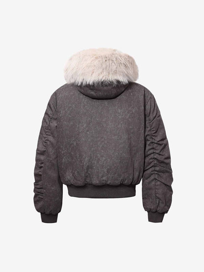 Leopard Panel Fur-Trim Hooded Bomber Jacket 