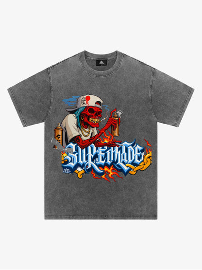 Thesupermade Skull Graffiti Artist Flame Flower Font T-shirt 