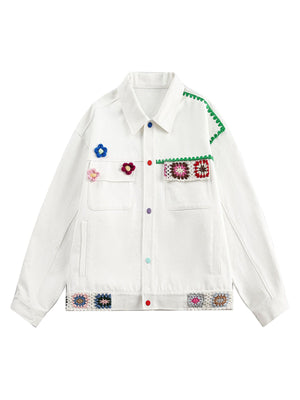 Handmade Floral Crochet Utility Denim Jacket 
