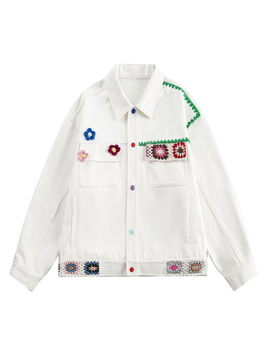Handmade Floral Crochet Utility Denim Jacket 