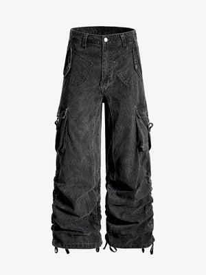 Washed Cotton Multi-Pocket Ruched Cargo Pants 