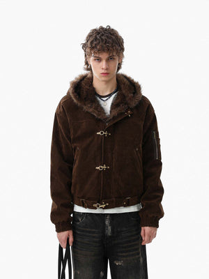 Retro Fur Collar Suede Toggle Closure Padded Bomber Jacket 