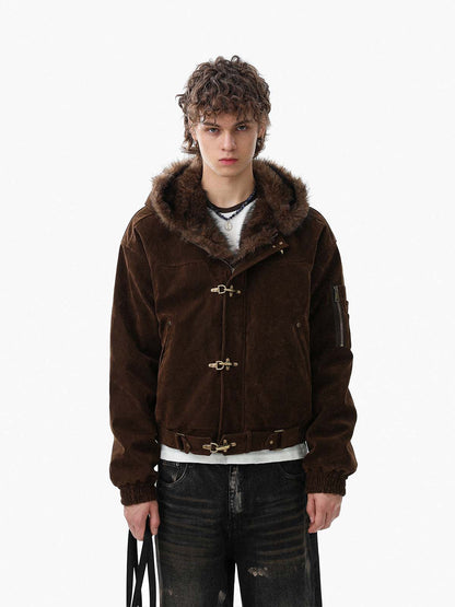 Retro Fur Collar Suede Toggle Closure Padded Bomber Jacket 
