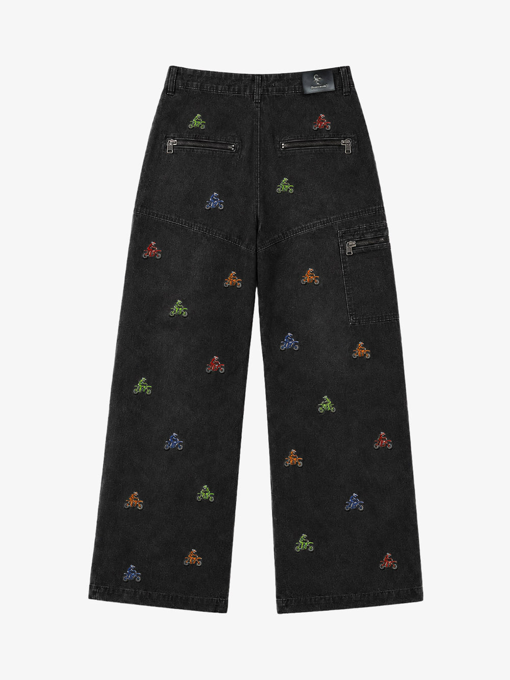 Racing Embroidered Washed Distressed Straight-Leg Jeans