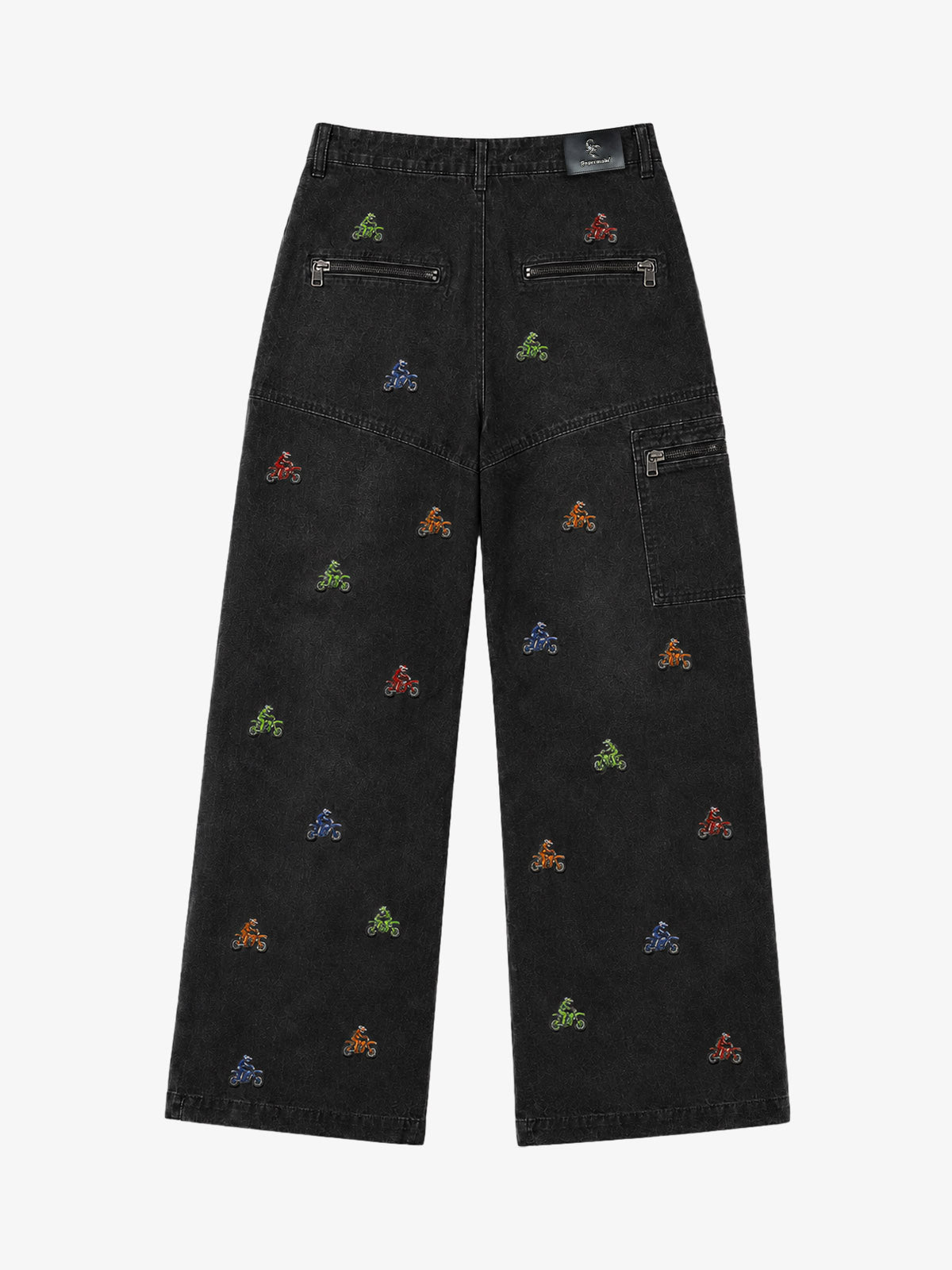 Racing Embroidered Washed Distressed Straight-Leg Jeans