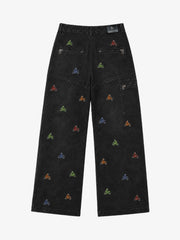 Racing Embroidered Washed Distressed Straight-Leg Jeans