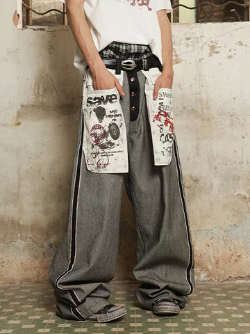 Distressed Reverse Design Large Pocket Printed Jeans - 2568 