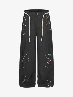 Stylish Wide-Leg Trousers with Artistic Embroidery and Adjustable Drawstrings 