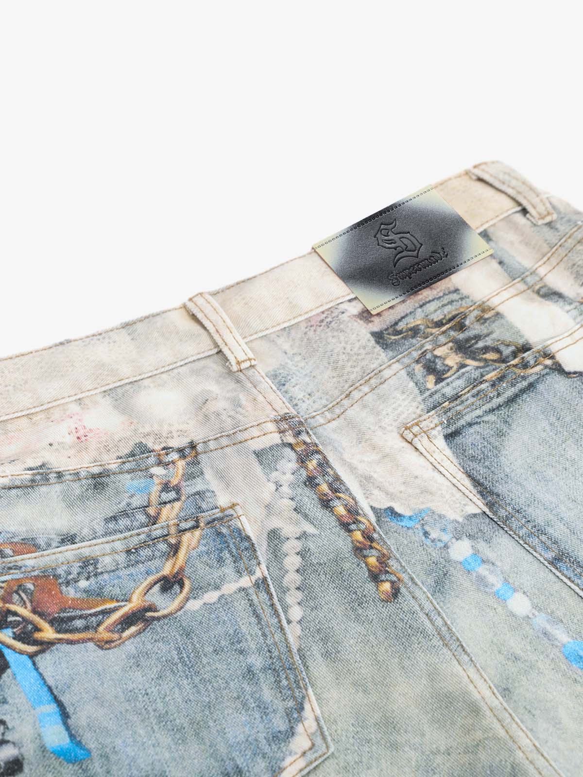 Jewelry Pearl Graphic Print 3D Effect Denim Shorts 
