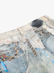 Jewelry Pearl Graphic Print 3D Effect Denim Shorts 
