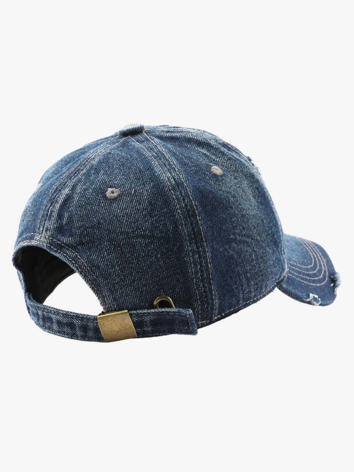Distressed Denim Baseball Cap with Embroidered Lettering - Perfect for Casual and Sporty Looks 