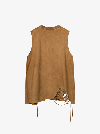 Cotton Ripped Sleeveless Tank Top with Frayed Hem and Cut-Out Details for Edgy Streetwear Style 