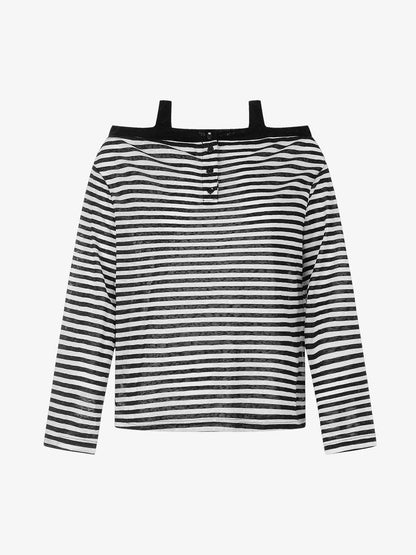 Striped Off-Shoulder Henley T-Shirt 