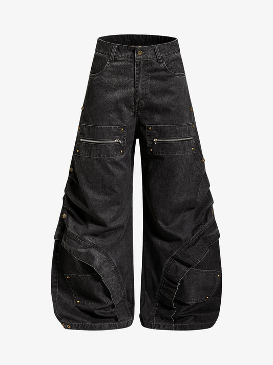 Pleated Panel Curved Leg Cargo Cotton Pants 