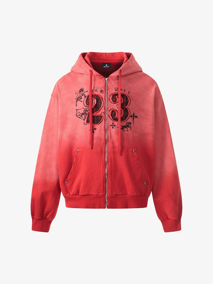 Distressed "23" Patch Zip Up Hoodie 