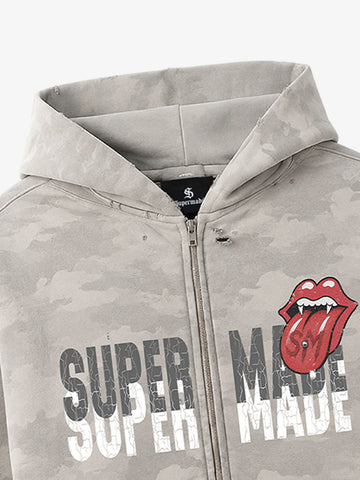 Distressed Camo Hoodie with Cracked Logo & Rolling Stones Graphic
