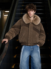 Faux-Fur Collar Suede-Effect Padded Coat