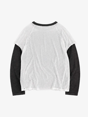 Distressed Print Long Sleeve Top with Faux Layered Design