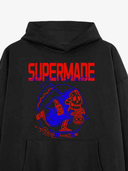 Black Hoodie with Skull and Pumpkin Design 